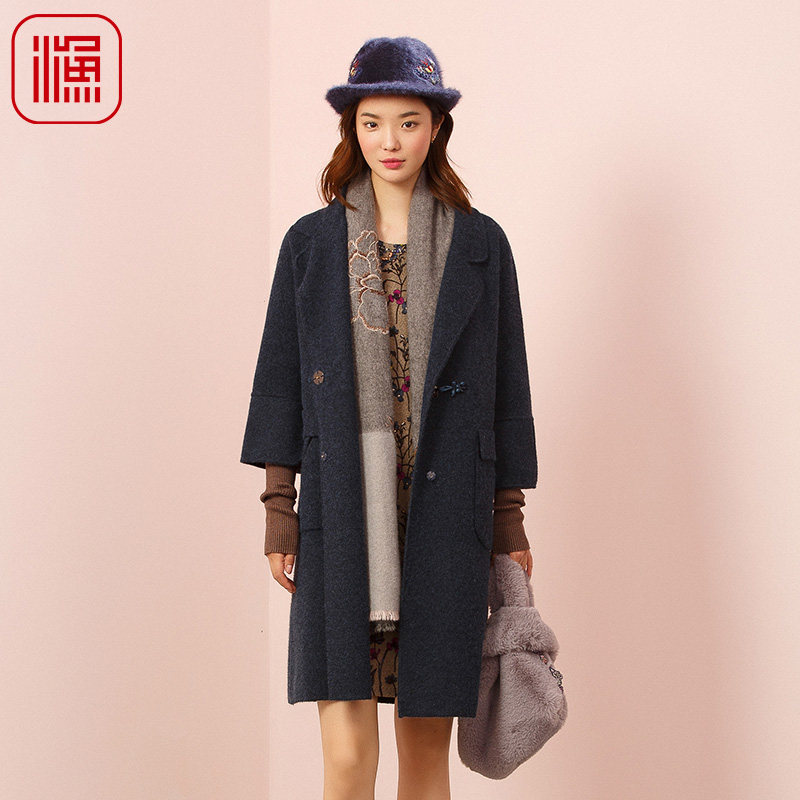 渔牌秋冬季呢料大衣女中长款2020新款盘口大翻领针织外套FFMD3630