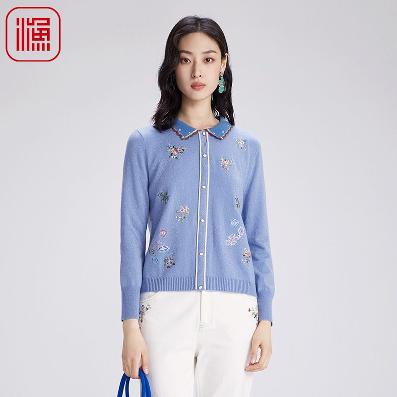 渔牌女装秋季2024新款翻领开口羊毛休闲上衣短款针织毛衫FGGC1001