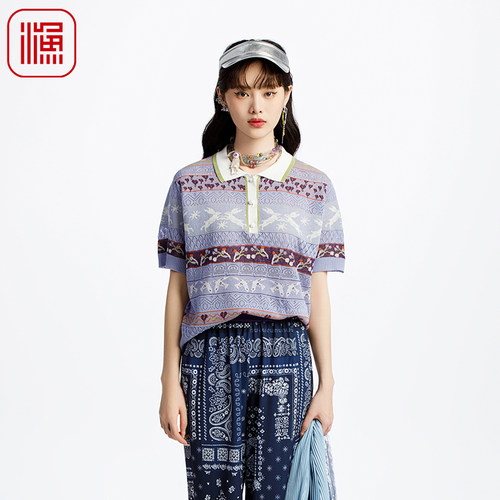 渔服饰毛衣女款2025新款春条纹撞色针织短袖翻领针织毛衫FGHA1022