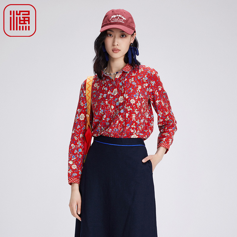 渔服饰衬衫2024新款女初秋纯棉全棉翻领碎花休闲长袖上衣FGGC2207