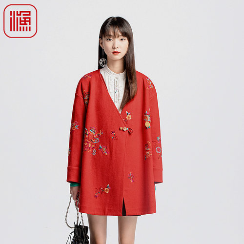 FISHING大衣女款2024新款秋冬季大V领新中式针织毛呢外套FGGD3229