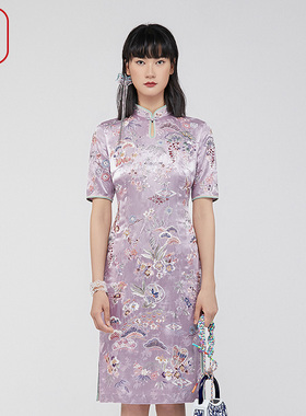 渔服饰复古旗袍连衣裙2024新款女满身绣花新中式真丝裙子FGGA0077