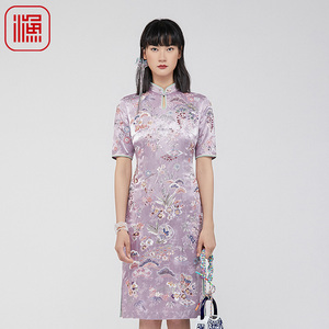 渔服饰复古旗袍连衣裙2024新款女满身绣花新中式真丝裙子FGGA0077