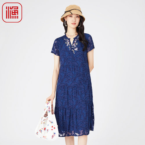渔牌女装连衣裙2024新款女夏季桑蚕丝刺绣花短袖修身裙子FGGB0019