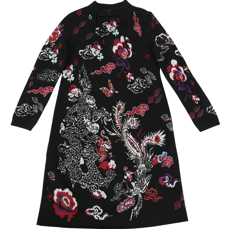 渔牌新中式提花立领针织连衣裙