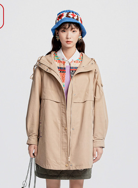 渔牌女装风衣女款2024新款春秋带帽中长款宽松休闲棉外套FGGC3019