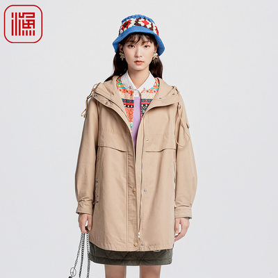 渔牌女装风衣女款2024新款春秋带帽中长款宽松休闲棉外套FGGC3019