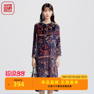 渔牌秋季女装新款中式国潮绒感印花休闲长款连衣裙子FGGC0041