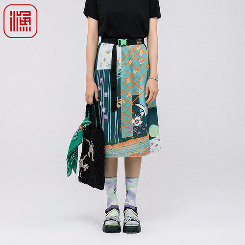 渔牌女装半身裙女2024新款春秋针织棉印花中长款休闲半裙FGGA7201