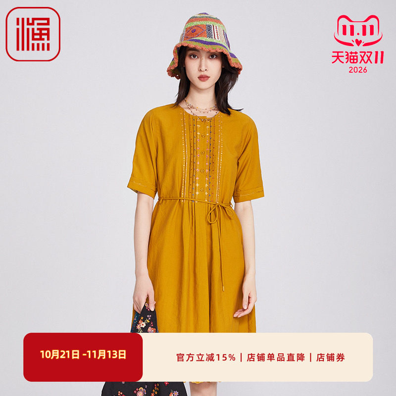 渔牌女装2025春季流行单品压皱绣花系带收腰花边连衣裙子FGHA0063