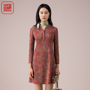 渔牌服饰秋款连衣裙新款针织印花中款休闲弹力裙子女FGEC0023