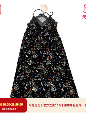 渔牌黑色碎花V领蕾丝吊带连衣裙