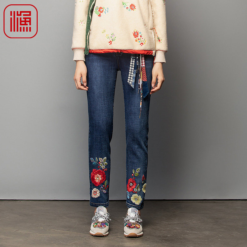 渔女装牛仔裤女春秋季2023新款原创复古绣花直筒休闲裤子FGFC6016