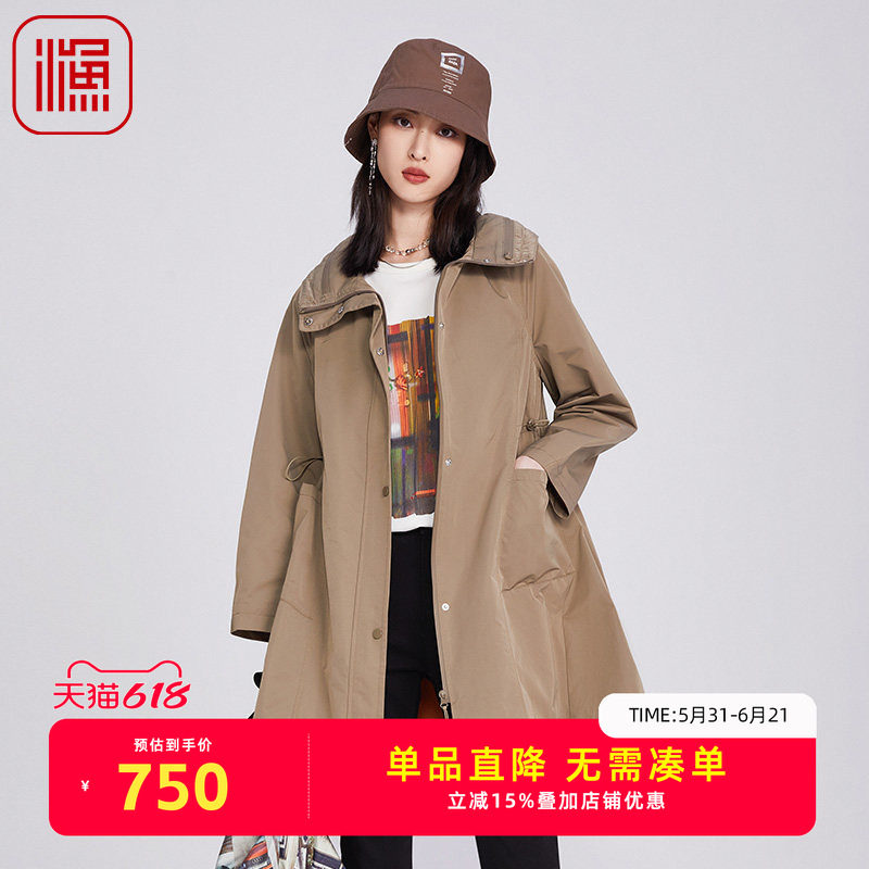 渔牌女装2025年新款高立领长款及膝宽松印花带帽风衣外套FGHA3042