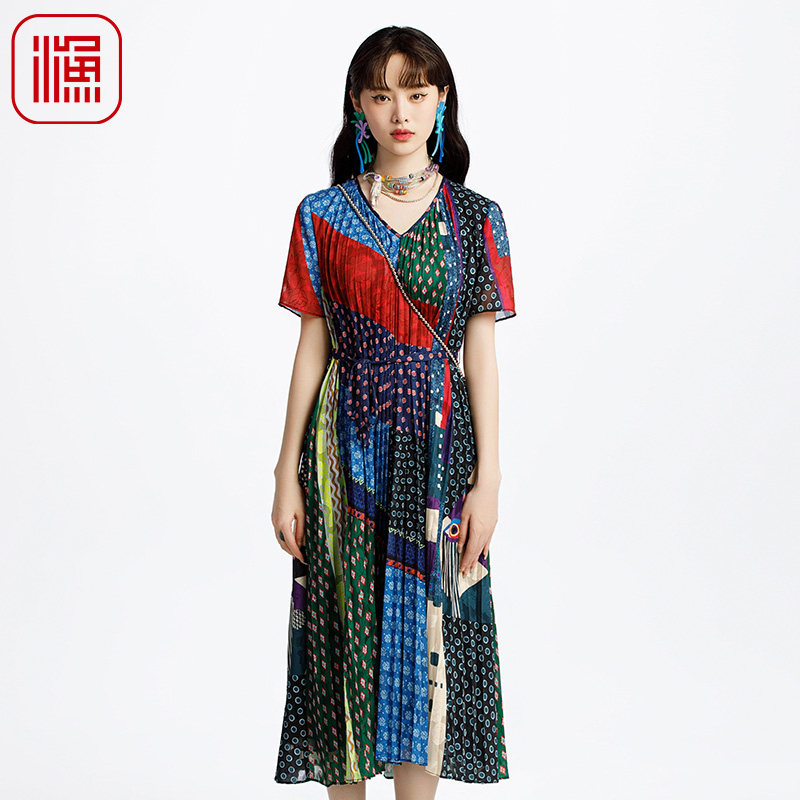 FISHING女装连衣裙女2025新款春收腰斜纹撞色印花V领裙子FGHA0022