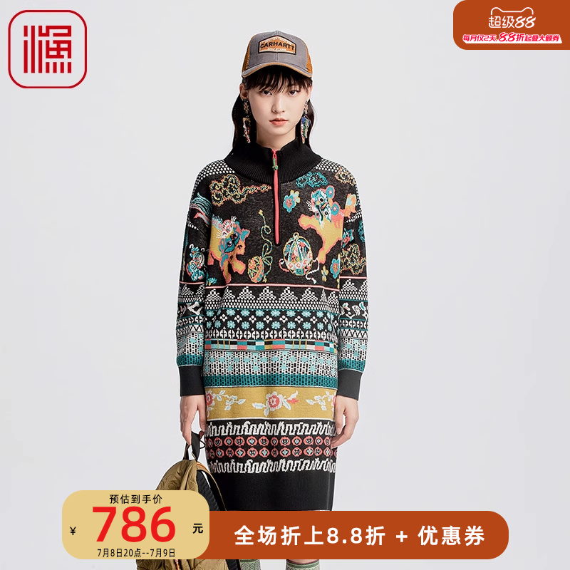 渔牌秋装女款2024年新款国潮民族风搬开针织毛衫连衣裙子FGGC0302