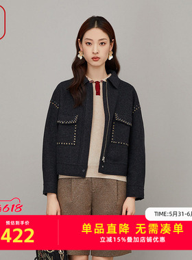 渔牌女装外套女2023新款羊毛加厚翻领休闲绣花短款呢外套FGFC3203
