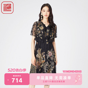 渔牌女无袖连衣裙重工凤凰刺绣中长裙复古国风气质礼服裙FGGA0112