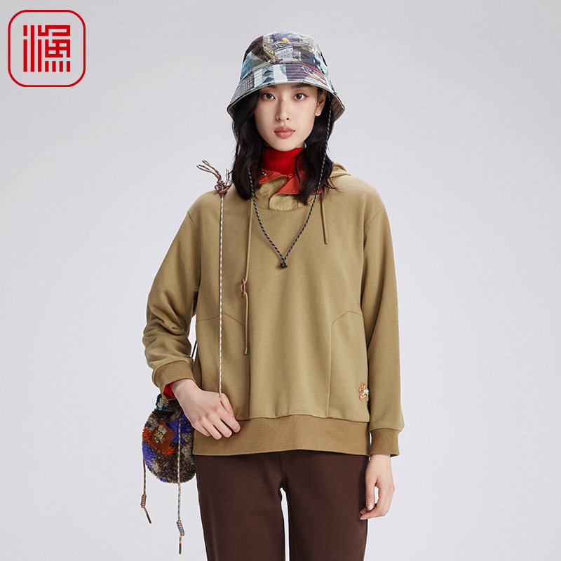 渔女装卫衣女秋冬2024新款连帽高领绣花棉质宽松针织上衣FGGD2537