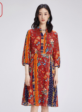 渔服饰裙子女秋季2024新款薄真丝弹力撞色印花长袖连衣裙FGGC0060