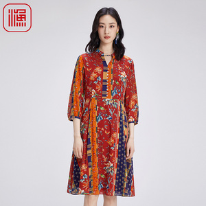 渔服饰裙子女秋季2024新款薄真丝弹力撞色印花长袖连衣裙FGGC0060