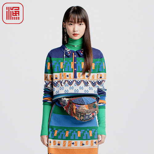 渔服饰针织衫女2024新款春秋文艺感半开扣翻领毛衫上衣FGGCT003A