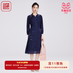 渔牌女早秋2025新款刺绣花连衣裙子气质优雅显瘦中裙半开禁套头群