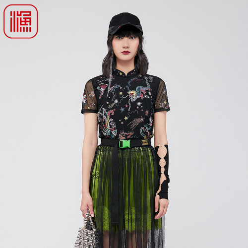 渔牌女装衬衣2024年新款女春夏古典中国龙印花旗袍领上衣FGGA2001