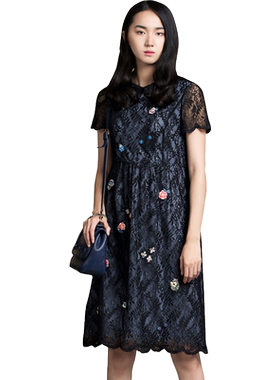 渔牌女装裙子夏季女2024新款真丝印花圆领收腰时尚连衣裙FGGB0040