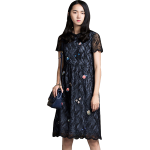 渔牌女装裙子夏季女2024新款真丝印花圆领收腰时尚连衣裙FGGB0040