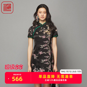 渔牌女装秋装女2023年新款重工绣花休闲显瘦旗袍领连衣裙FGFC0048