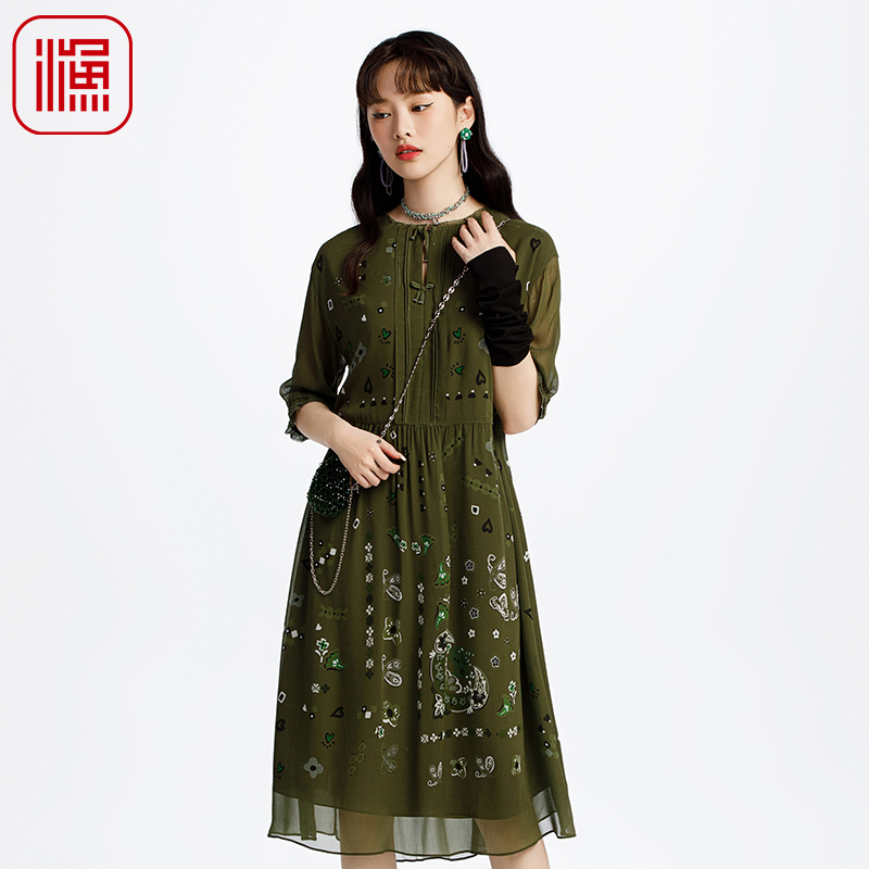 渔牌女装裙子2025新款今年流行桑蚕丝真丝印花长袖连衣裙FGHA0071