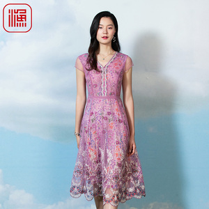 渔牌春款女装2023年新款名媛气质印花长款连衣裙时尚礼服FGFA0021