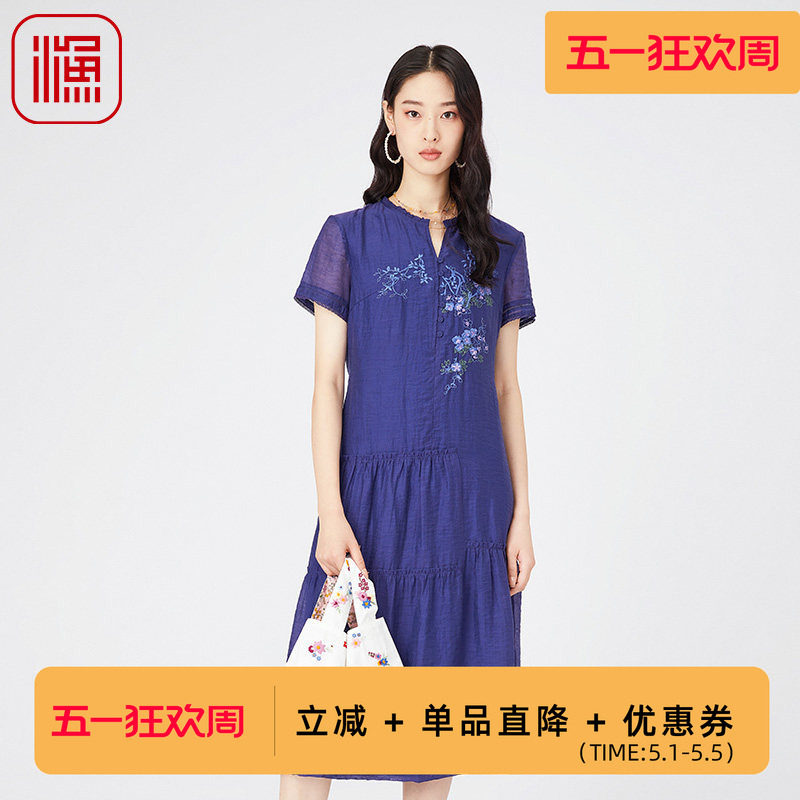渔牌新款女装裙子春夏新中式刺绣绣花连衣裙通勤气质女裙FGGB0013
