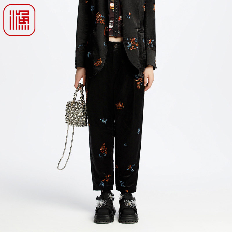渔牌女装裤子女2025新款春夏宽松刺绣花亚麻直筒九分长裤FGHA6206