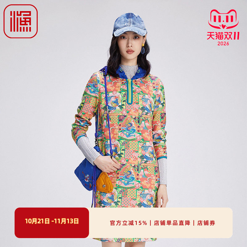 渔牌女装2024新款春秋款弹力带帽新中式国风印花连衣裙子FGGC0017