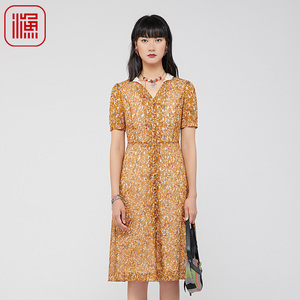 渔服饰连衣裙2024新款女夏季雪纺薄款碎印花休闲薄款裙子FGGB0046