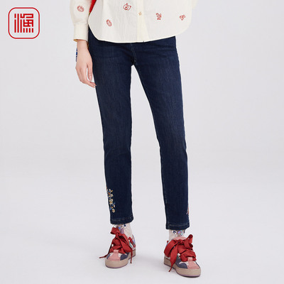 渔牌女复古深蓝色牛仔裤