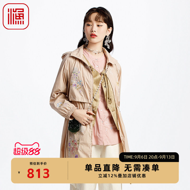 渔女装风衣女款2025新款轻薄绣花休闲带帽长外套休闲百搭FGHA3055