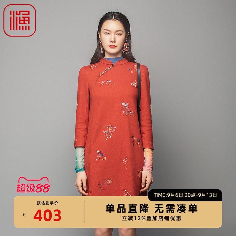 渔牌女装连衣裙2023新款女冬季棉呢绣花改良旗袍裙子FGFD0016