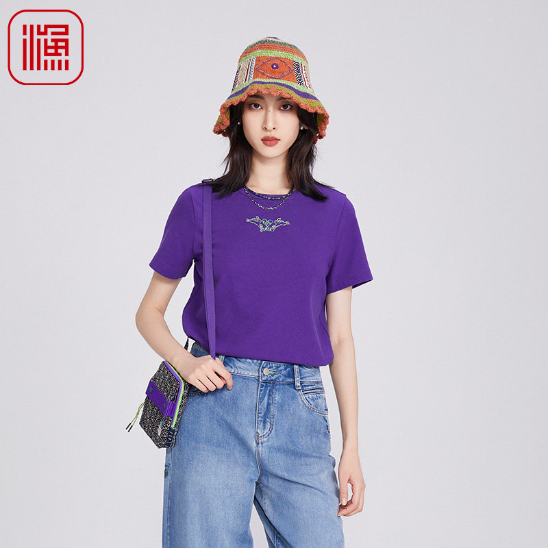 FISHING女装t恤女2025新款简约刺绣花棉质休闲针织女上衣FGHB2077