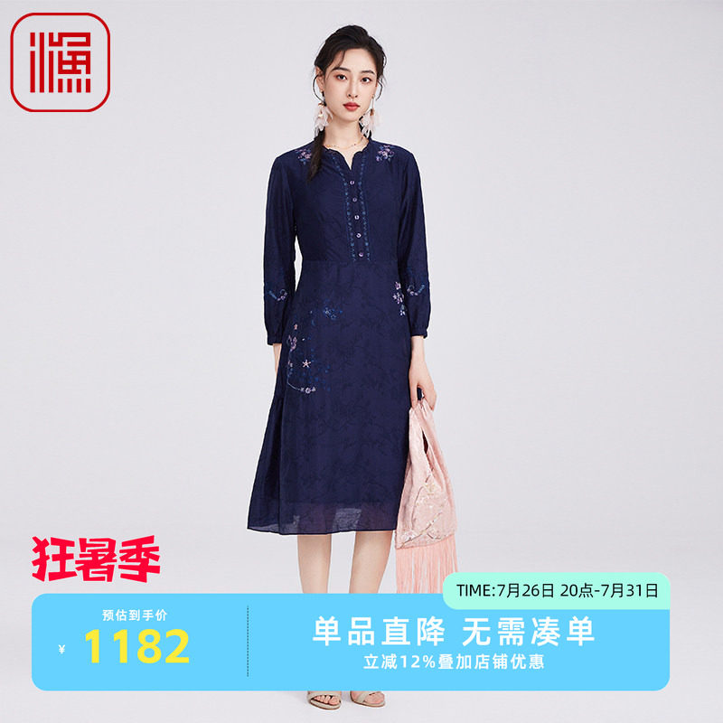 渔牌女早秋新款刺绣花连衣裙
