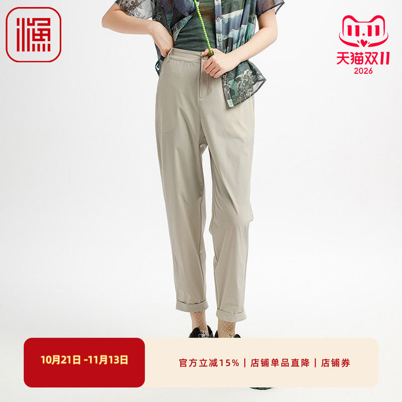 渔牌女装裤子女2025新款春夏弹力中式绣花休闲锥形长裤子FGHB6253