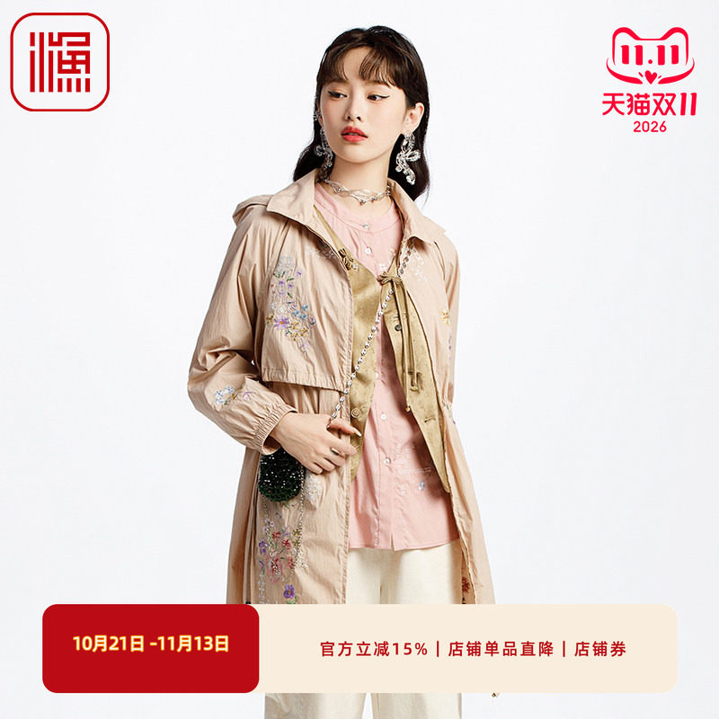 渔女装风衣女款2025新款轻薄绣花休闲带帽长外套休闲百搭FGHA3055