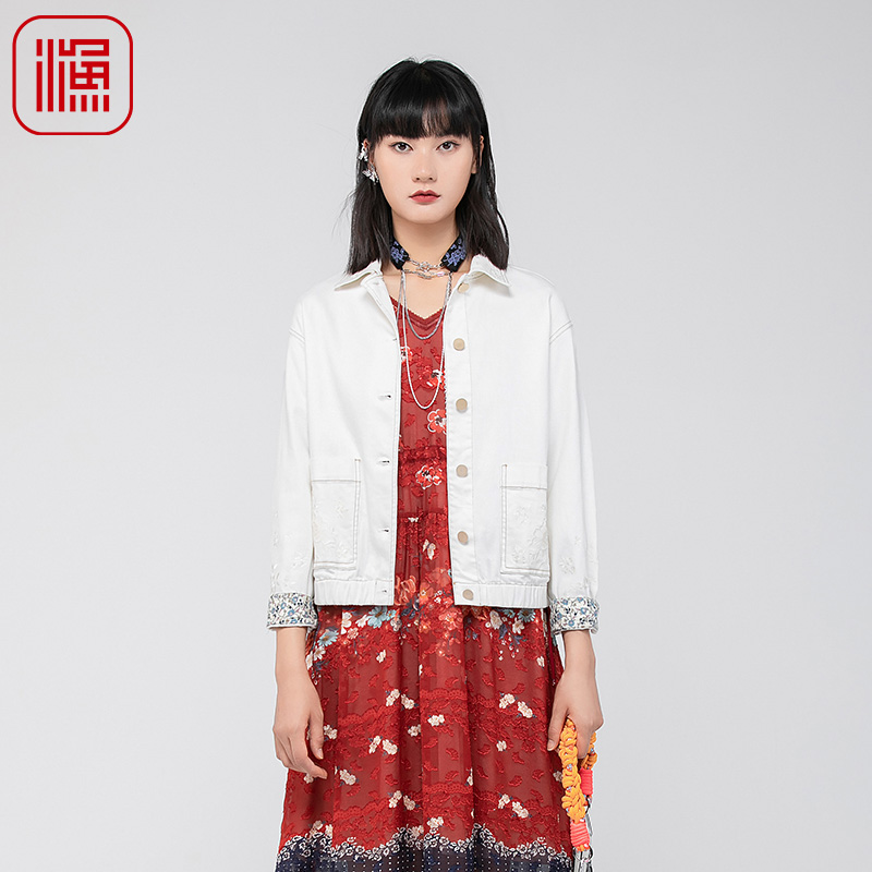 渔中式刺绣纯棉短外套休闲夹克女