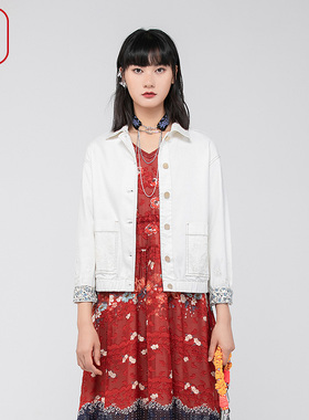 渔服饰短外套女2024春季新款纯棉微弹力绣花休闲牛仔外套FGGA3036