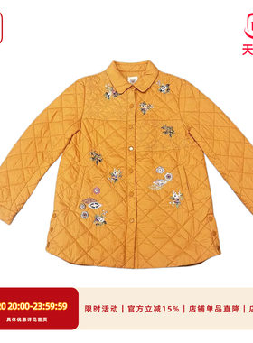 渔牌秋冬薄棉服菱格刺绣中长款