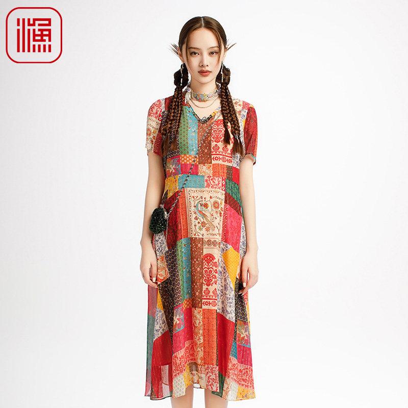 渔牌女装新中式国风女装2025新款真丝桑蚕丝长款撞色裙子FGHB0106