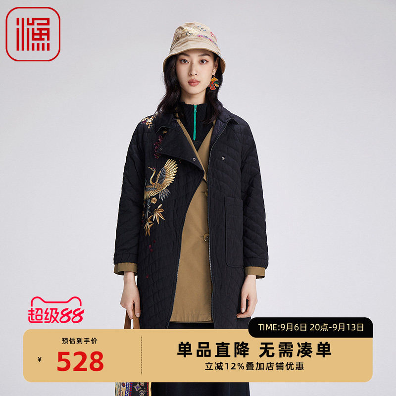 渔牌女装棉服女2024年新款冬季中式古典绣花长款棉衣外套FGGD4043