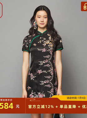 渔牌女装秋装女2023年新款重工绣花休闲显瘦旗袍领连衣裙FGFC0048